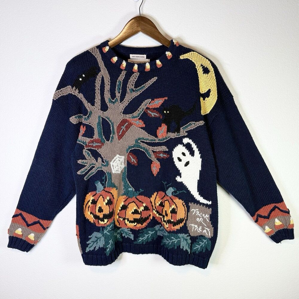 Vtg Hand Embroidered Halloween Sweater Size M Cat Pumpkin Ghost Heavy 90s Crew
